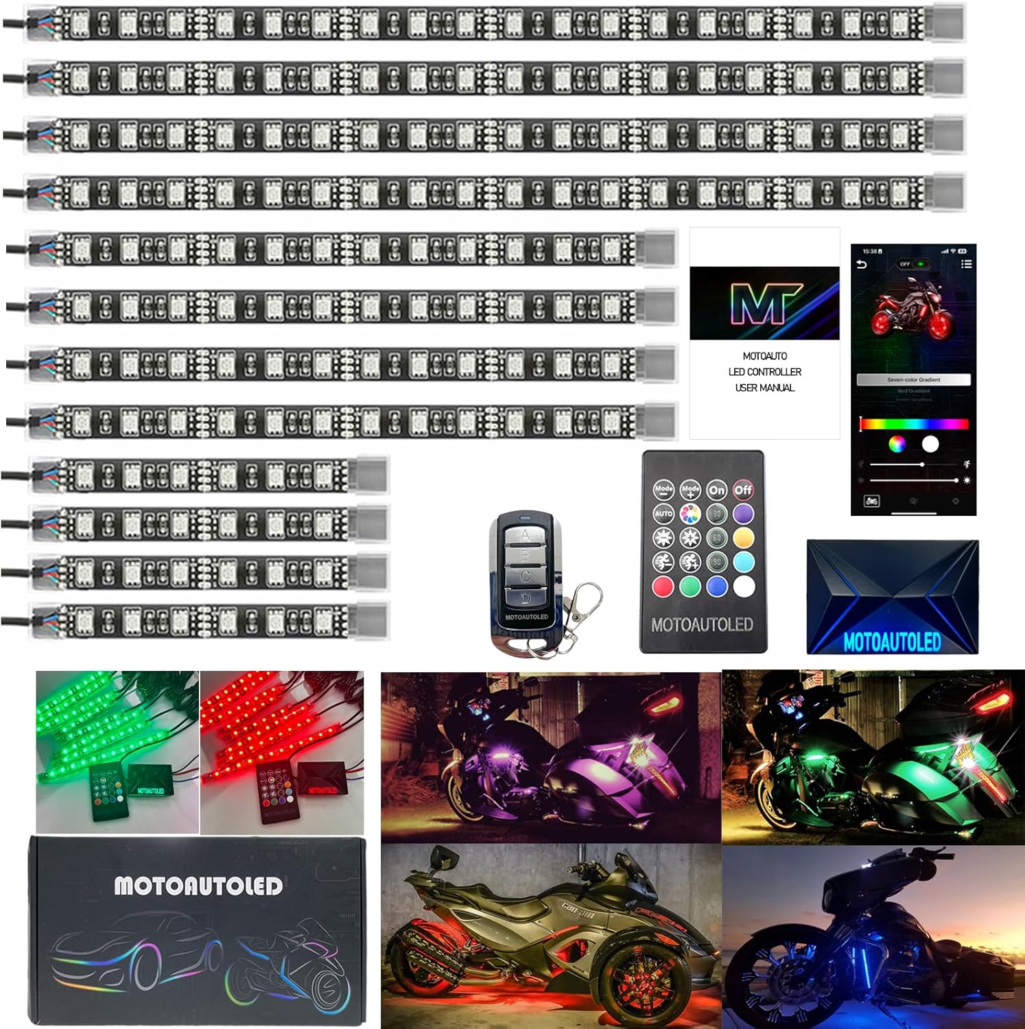 12Pcs RGB LED Underglow Kit Strips Waterproof Multi Color Music Accent Light APP Brake Signal Remote Control Accessories for ATV Can-Am Honda Kawasaki Suzuki - for Bikers